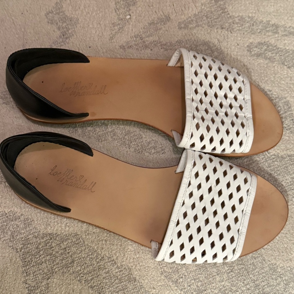 Loeffler Randall White and Black Woven Leather Flat Sandals
